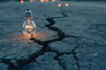Concept about blackout with a bulb lamp on with electricity over a broken floor