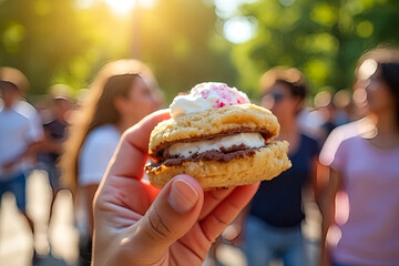 National Ice Cream Sandwich Day celebration with friends at a sunny park, Realistic Photography