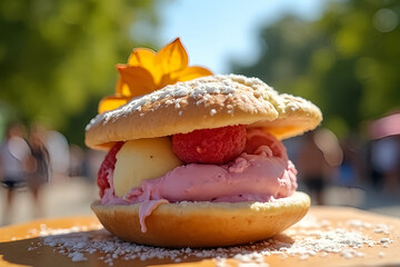 National Ice Cream Sandwich Day celebration with friends at a sunny park, Realistic Photography