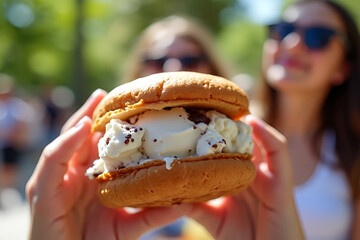 National Ice Cream Sandwich Day celebration with friends at a sunny park, Realistic Photography