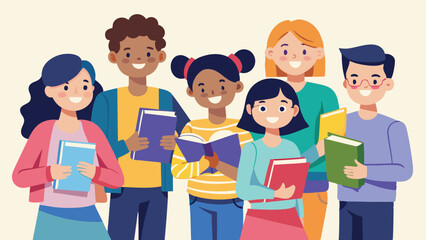 Fototapeta premium Cartoon Illustration of Diverse Students Holding Books, Smiling, Education and Learning Concept