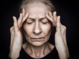 Senior woman under significant stress, massaging temples with fingers, eyes closed in focus, intense worry and mental burden. Detailed expression, impact of emotional strain or physical pain