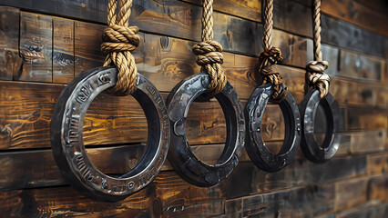 Industrial Iron Rings on Rustic Wooden Wall Digital Illustration