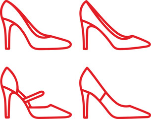 Minimal Red Heels Outline Isolated on White, Fashion Footwear Illustration, Shoe icon