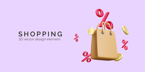 Shopping Sale 3D Render with Discount Symbols and Coins. Perfect for E-Commerce, Marketing, and Promotion Themes with Modern Color Scheme. Isolated Object on Pastel Background. Vector