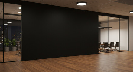 View of an office interior with hardwood floors, glass walls, and a conference room with a table