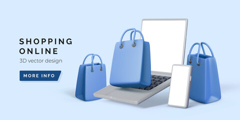Online Shopping with Smartphone and Laptop. Modern 3D Concept of E-Commerce, Delivery, and Digital Retail Experience. Minimal Blue Background Scene. Vector