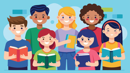 Cartoon Illustration of Diverse Group of Children Reading Books and Smiling Together Joyfully