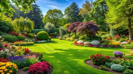 Obraz premium Lush green grass in a well-maintained garden with vibrant flowers and trees