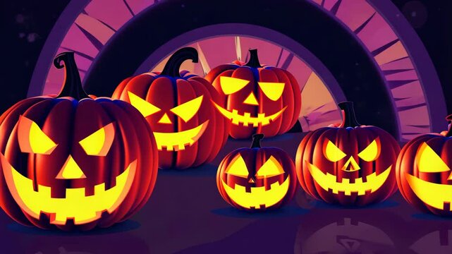 Spooky Halloween Carved Pumpkins Gathering: A chilling assemblage of carved pumpkins, their ominous grins aglow against a backdrop of shadowy mystery, embodies the spirit of Halloween.