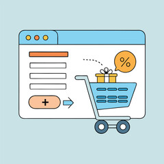 Online Shopping Concept with Form Shopping Cart Gift Box and Discount Percentage on Blue Background for E commerce and Retail