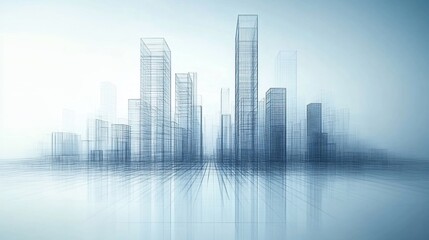 Abstract architectural cityscape with a wireframe design on a light blue background
