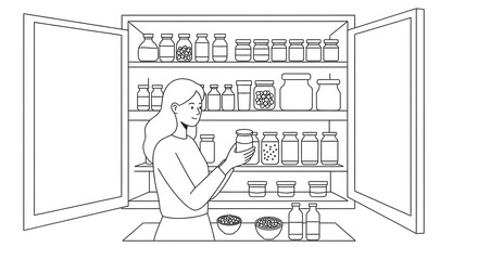 Woman Looking at Jars in Open Kitchen Cabinet with Shelves of Food Storage Containers