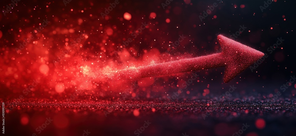 Poster dynamic red arrow symbolizing growth and progress with sparkling particles