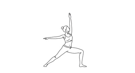 Minimalist Line Drawing of Woman Practicing Yoga in Warrior Pose on White Background