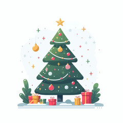  flat-design illustration of a decorated Christmas tree with presents, snow, and falling confetti is perfect for holiday-themed websites, blogs, greeting cards, or festive digital content