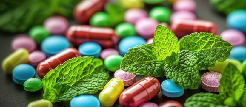 Colorful assortment of pills and capsules with fresh mint leaves for health and wellness - Powered by Adobe
