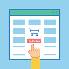 Hand Clicking Add to Cart Button on Online Store Website E commerce Concept Flat Design Vector Illustration on Light Blue Background