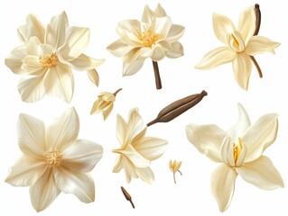 Obraz premium Elegant cream-colored flowers and pods, detailed illustration