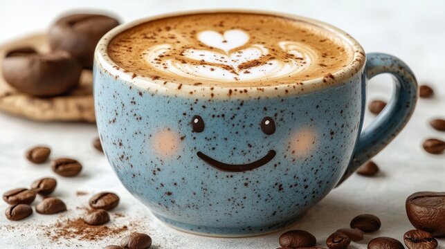 Smiley face coffee cup with latte art, beans, and cookie on table