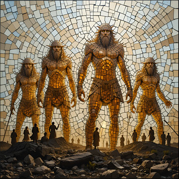 Nephilim giants loom large glass mosaic art piece Broken shards of earthy gold ochre form immense silhouettes hinting their legendary stature downfall told in the Book of Enoch Style glass mosaic art