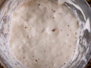 Bubbly sourdough starter in glass jar. Active yeast for bread making