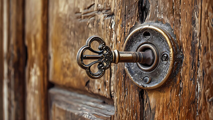 Vintage Key in Ornate Lock on Wooden Door Digital Illustration