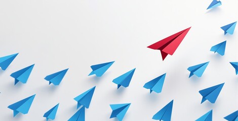 Red paper plane flying ahead of multiple blue paper planes on white background, symbolizing leadership, innovation, and business concept. Ai generative