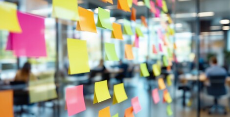 Obraz premium Multicolored sticky notes on a glass wall in a modern office space, with team collaboration in background, symbolizing business concept planning. Ai generative