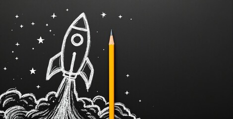 Yellow pencil positioned as rocket ship launching into space with chalk doodles of stars and smoke on dark surface, symbolizing business startup concept. Ai generative