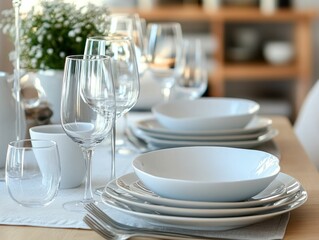 Elegant table setting with white plates and glasses