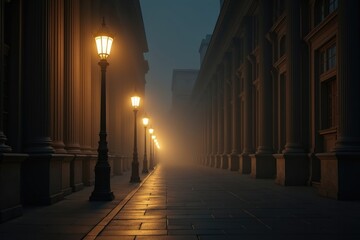 Mysterious Foggy Lane Nighttime Cityscape