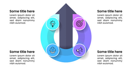 Infographic template. Arrow with circle and 4 milestones