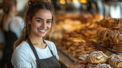 Smiling baker holding pastries in bakery with display case