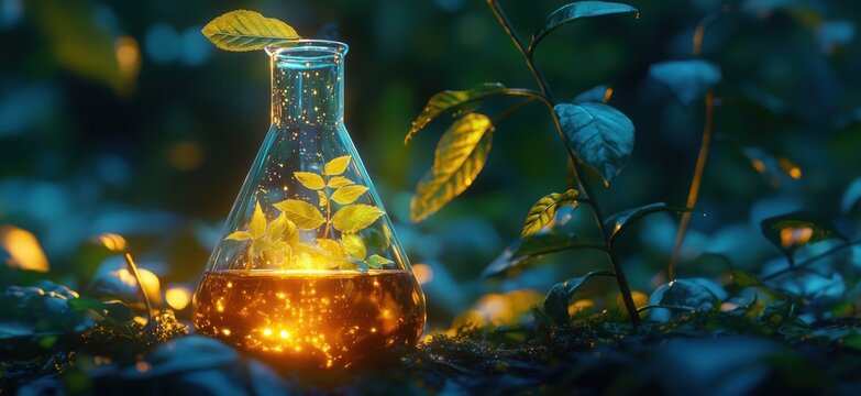 Glowing laboratory flask with plants and golden liquid in enchanting forest setting