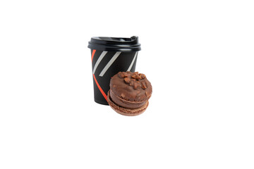 Black coffee cup with stripes and chocolate macaron – PNG, isolated on transparent background