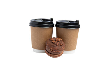 Two kraft coffee cups with chocolate macaron – PNG, front view, isolated on transparent background