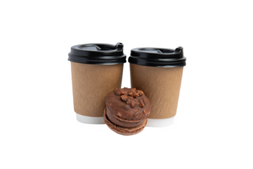 Two kraft coffee cups with chocolate macaron – PNG, front view, isolated on transparent background