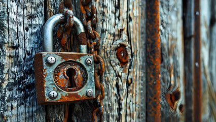 Rusted Padlock on Aged Wooden Door Texture Digital Illustration