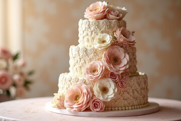 Elegant Wedding Cake Floral Design  ThreeTiered Pastry