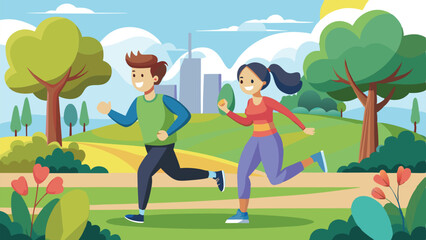 Cartoon Illustration of Man and Woman Jogging in City Park on Sunny Day