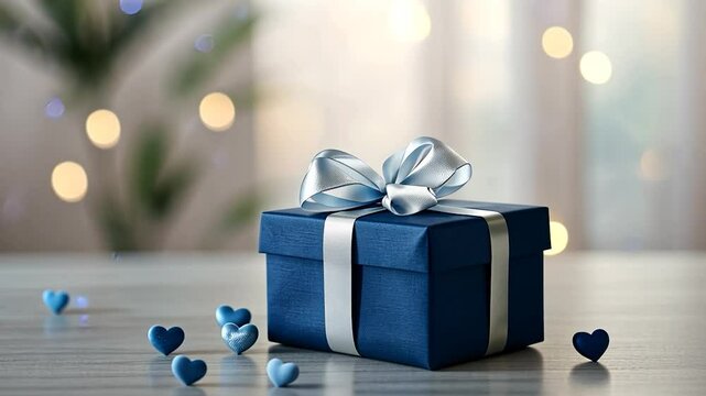 Wrapped gift with silver ribbon and blue hearts for celebration and special occasions