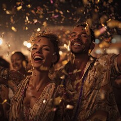 People celebrating under a shower of confetti with joyful expressions and festive attire at night