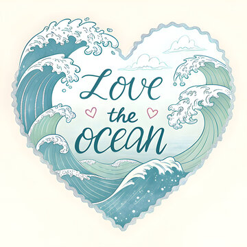 Heart-shaped ocean wave with words love the ocean promoting environmental care and emotional ocean connection.