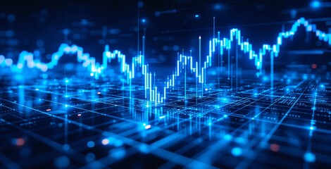 Glowing digital stock market chart with blue grid lines and data points, futuristic style on a dark background, concept of finance and business. Ai generative