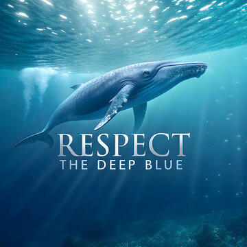 Whale swimming in blue sea with message respect the deep blue for marine protection awareness.