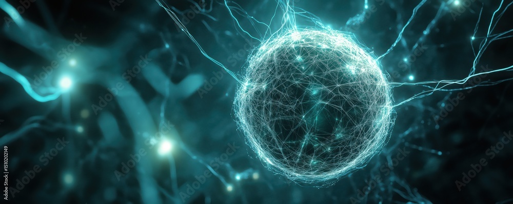 Poster abstract representation of a neuron with glowing connections and neural network structure