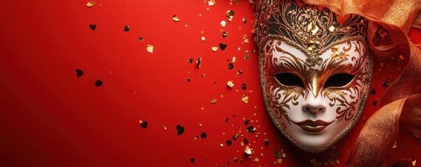 Elegant Venetian mask with gold accents on vibrant red background adorned with confetti