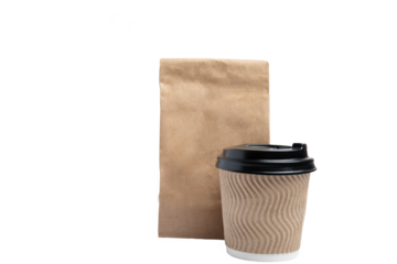 Kraft paper bag and brown ripple paper coffee cup – PNG, front view, isolated on transparent background
