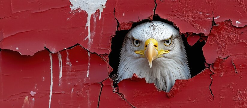 Bald eagle emerging from cracked red wall with intense gaze and detailed feathers - Powered by Adobe